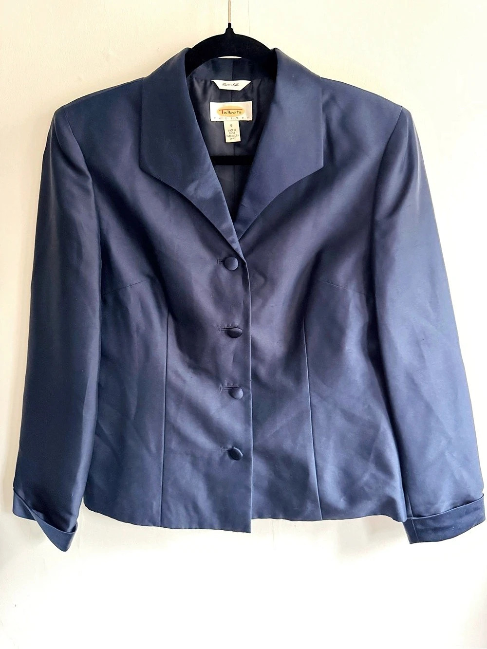 Talbots Navy 100% Silk Petite Blazer Size 6 Like New